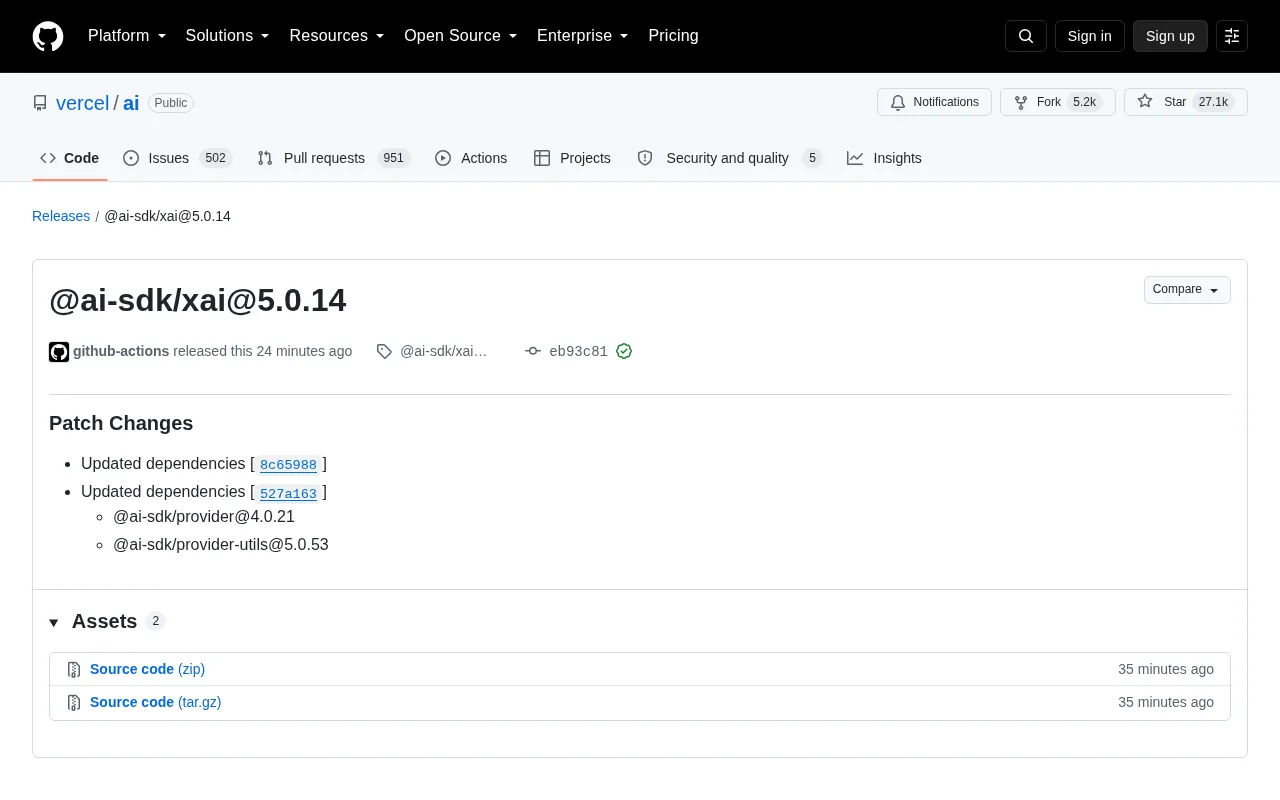 Vercel AI SDK Releases @ai-sdk/xai@5.0.14 Patch Update