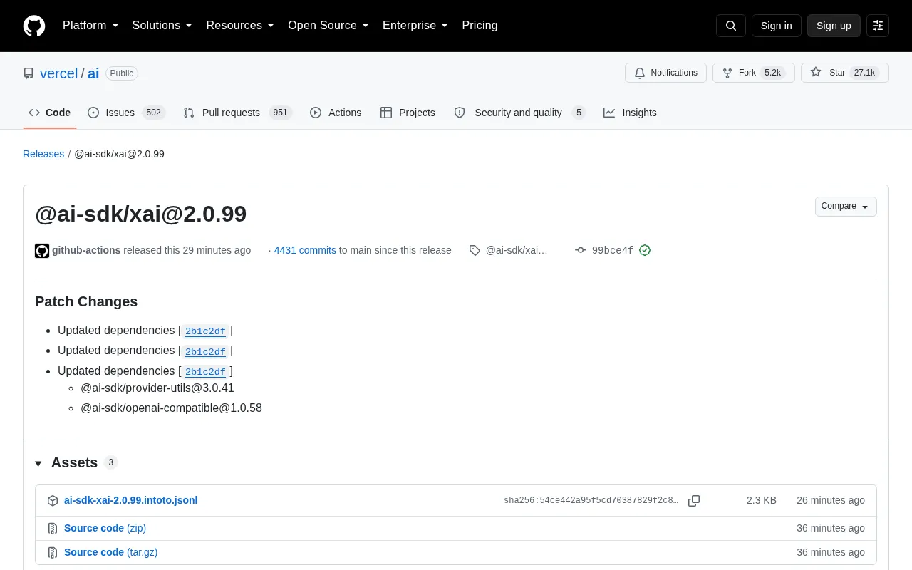 Vercel AI SDK Releases @ai-sdk/xai 2.0.99 Patch Update
