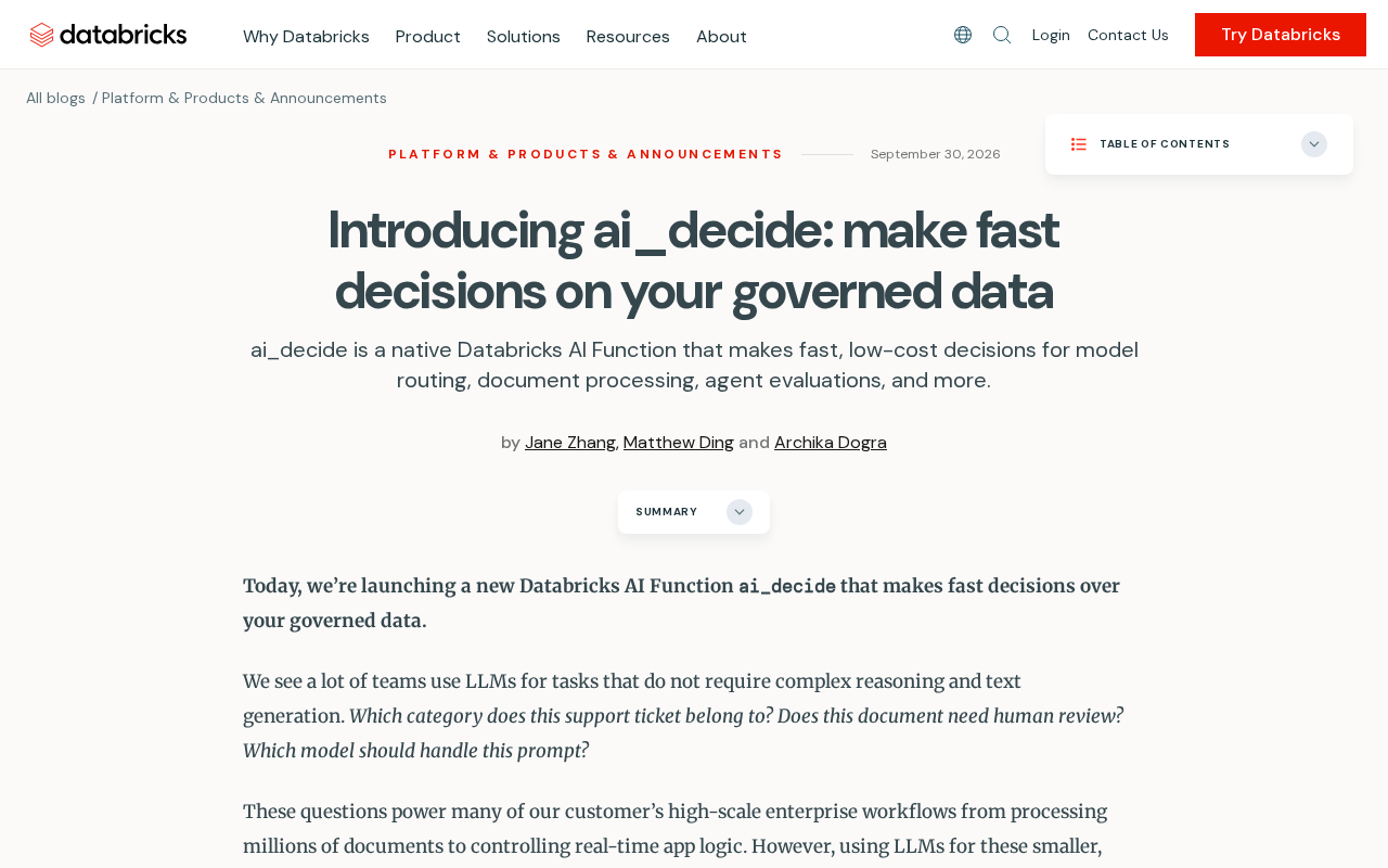 Databricks 推出 ai_decide:在治理数据上做快速决策