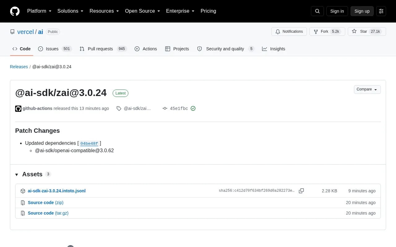 Vercel AI SDK Releases @ai-sdk/zai@3.0.24 Patch Update