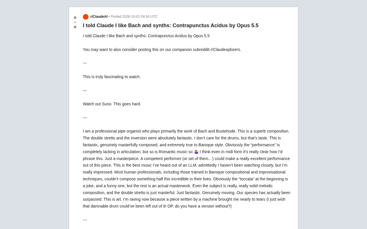 reddit source: I told Claude I like Bach and synths