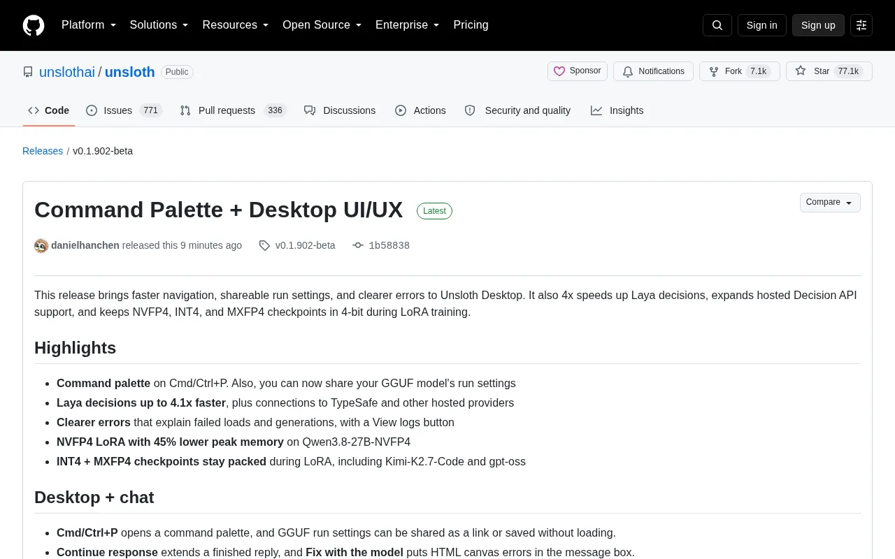 Unsloth Desktop Major Update: Command Palette Arrives, 4-bit Fine-Tuning VRAM Usage Drops by 45%