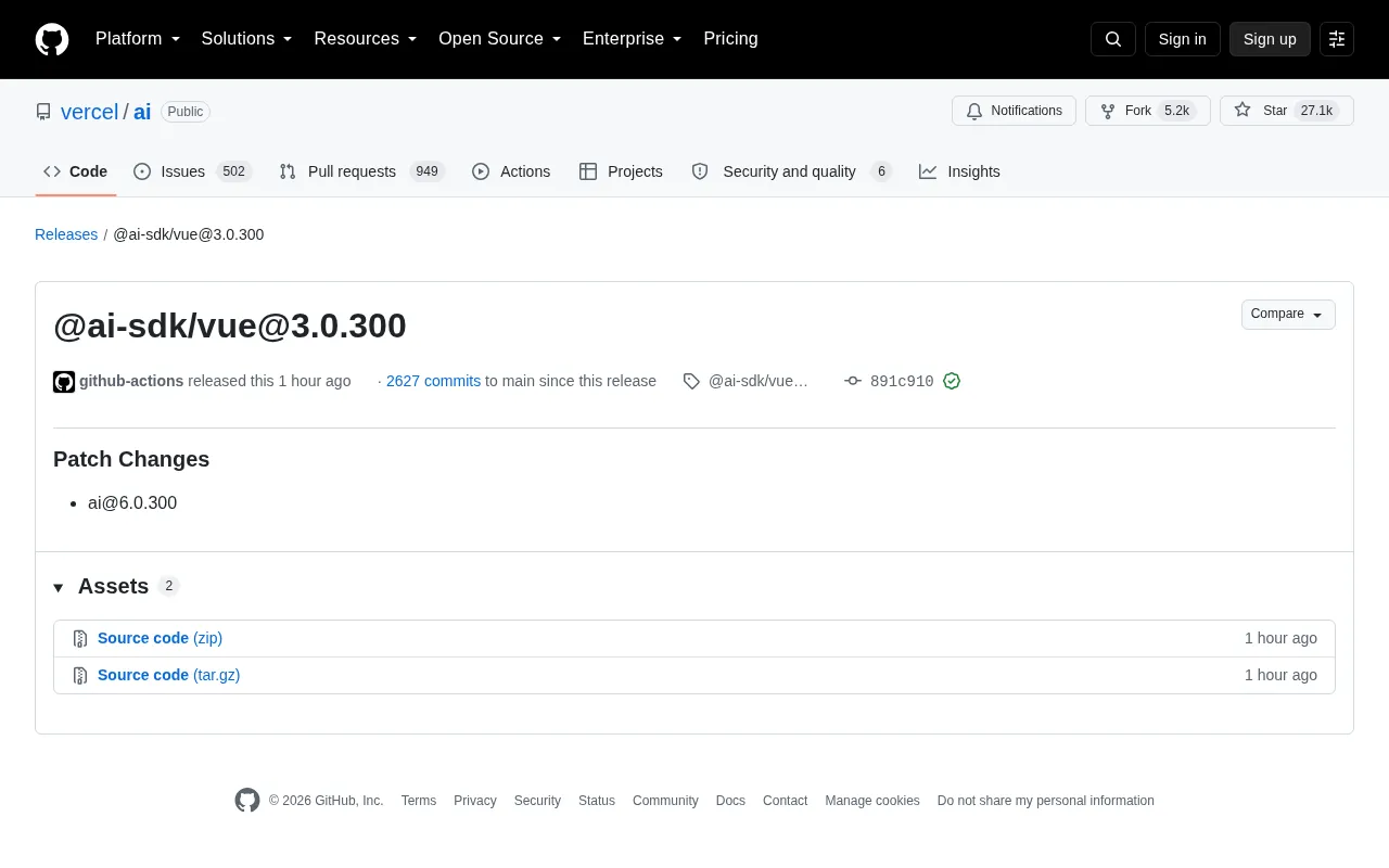 Vercel AI SDK Vue Releases Patch Version 3.0.300