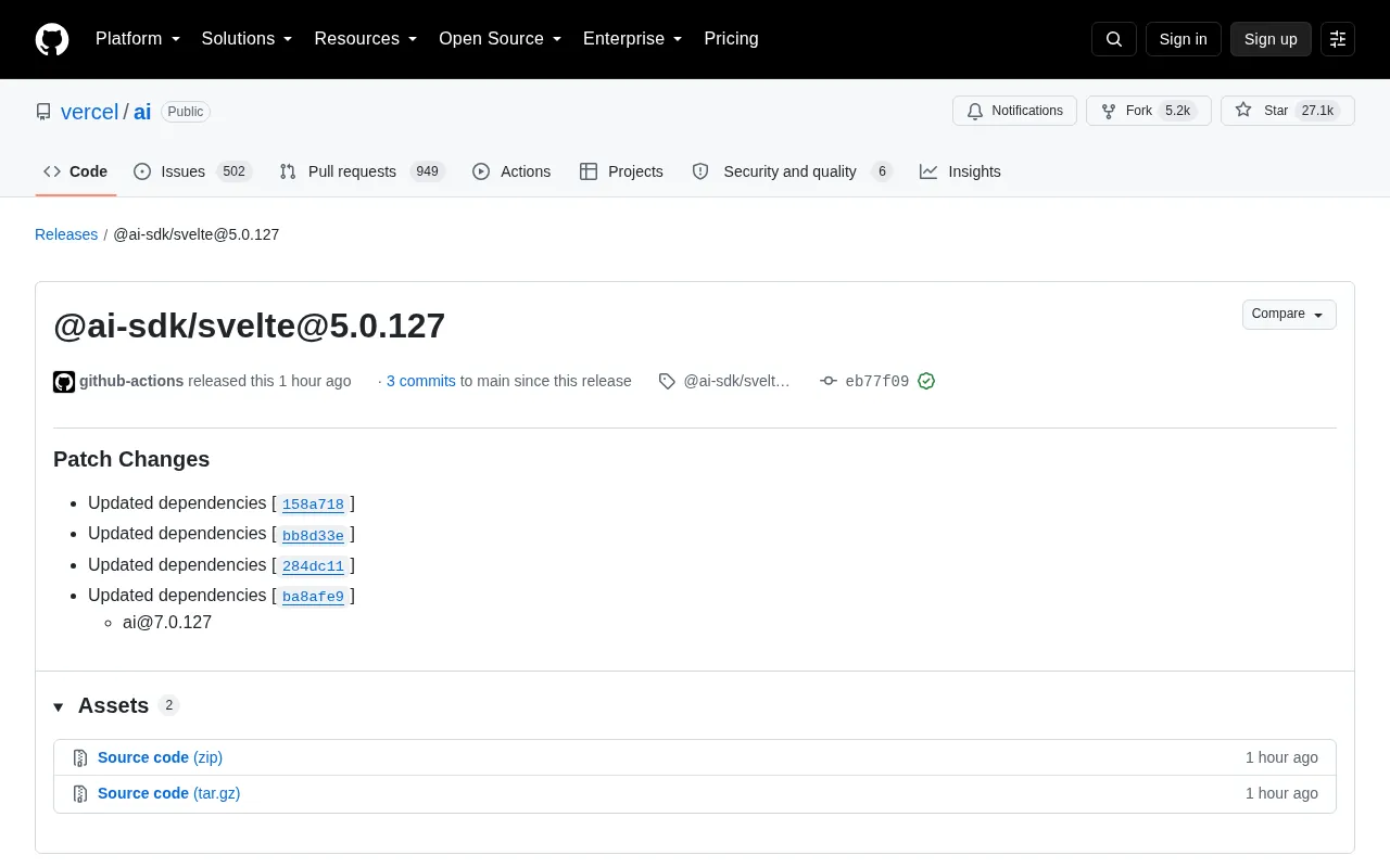 Vercel AI SDK Svelte 5.0.127 Released: Dependency Update Patch