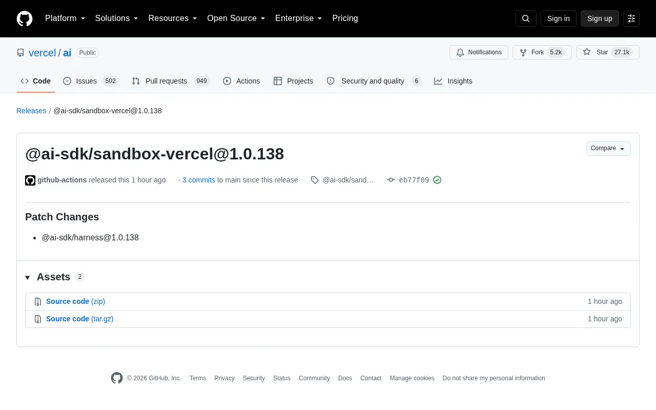 Vercel AI SDK Releases sandbox-vercel 1.0.138 Patch Update