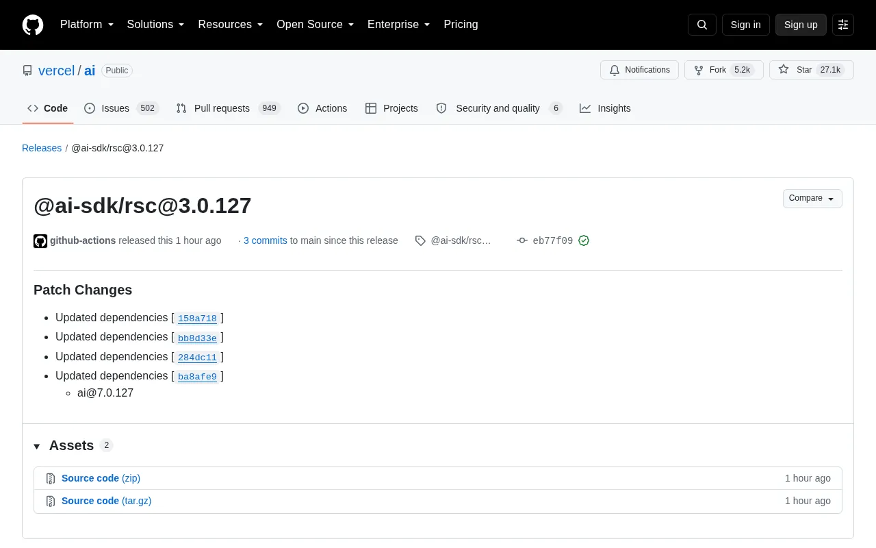 Vercel AI SDK Releases @ai-sdk/rsc@3.0.127 Patch Update