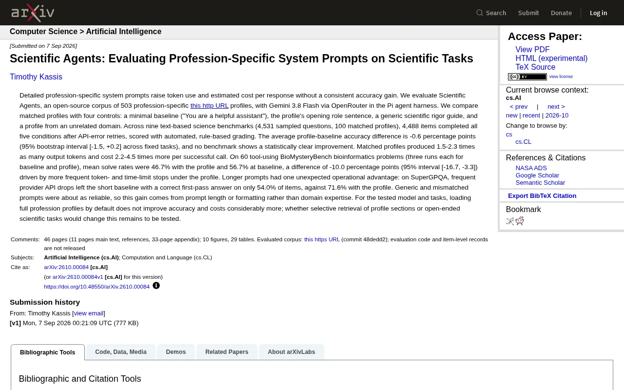 Professional System Prompts Don't Help Scientific Reasoning: A 503-Profile AI Benchmark Reveals Hidden Cost Traps