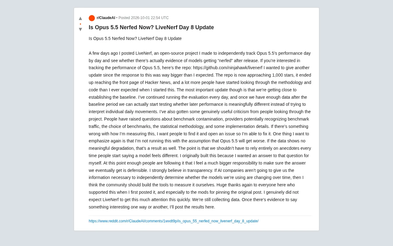 LiveNerf Day 8: The Open-Source Tool Tracking Whether Opus 5.5 Is Being Quietly Nerfed