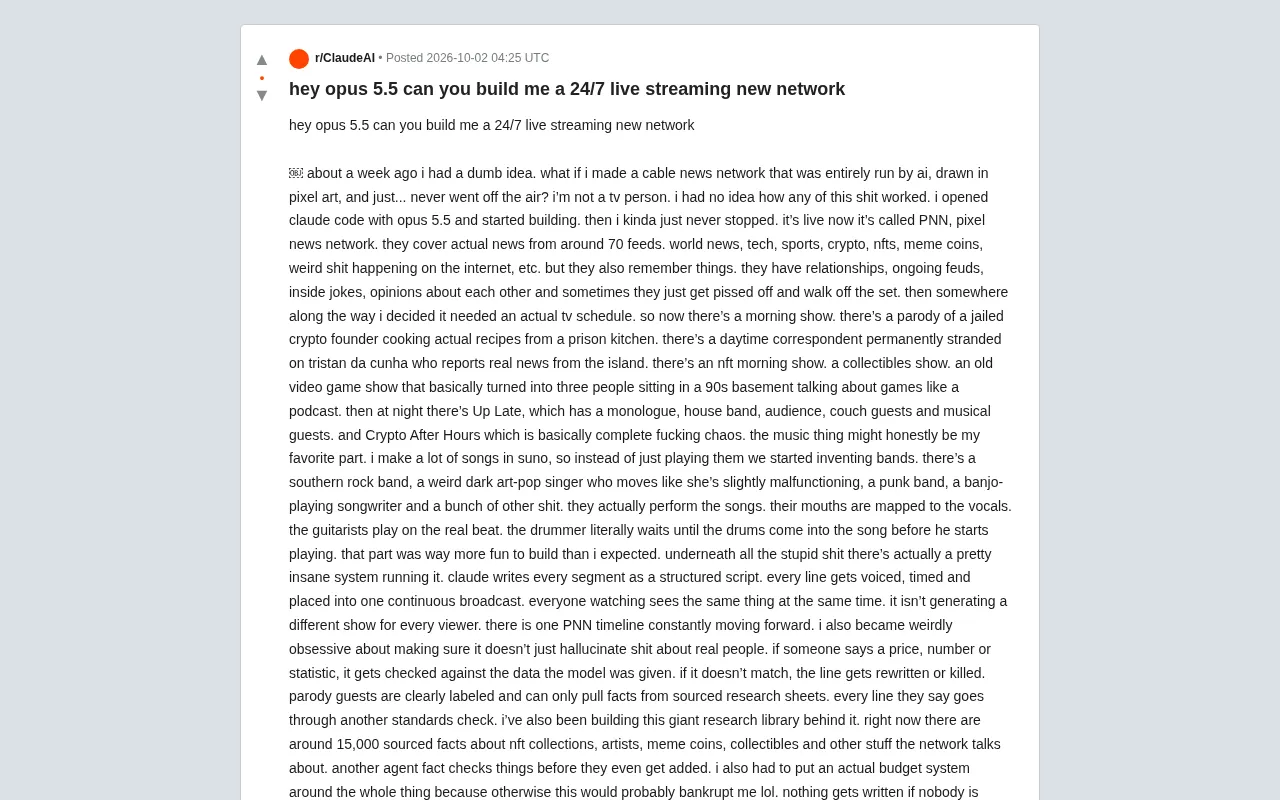 One Developer Built a 24/7 Full-AI Pixel News Network PNN with Claude Opus 5.5