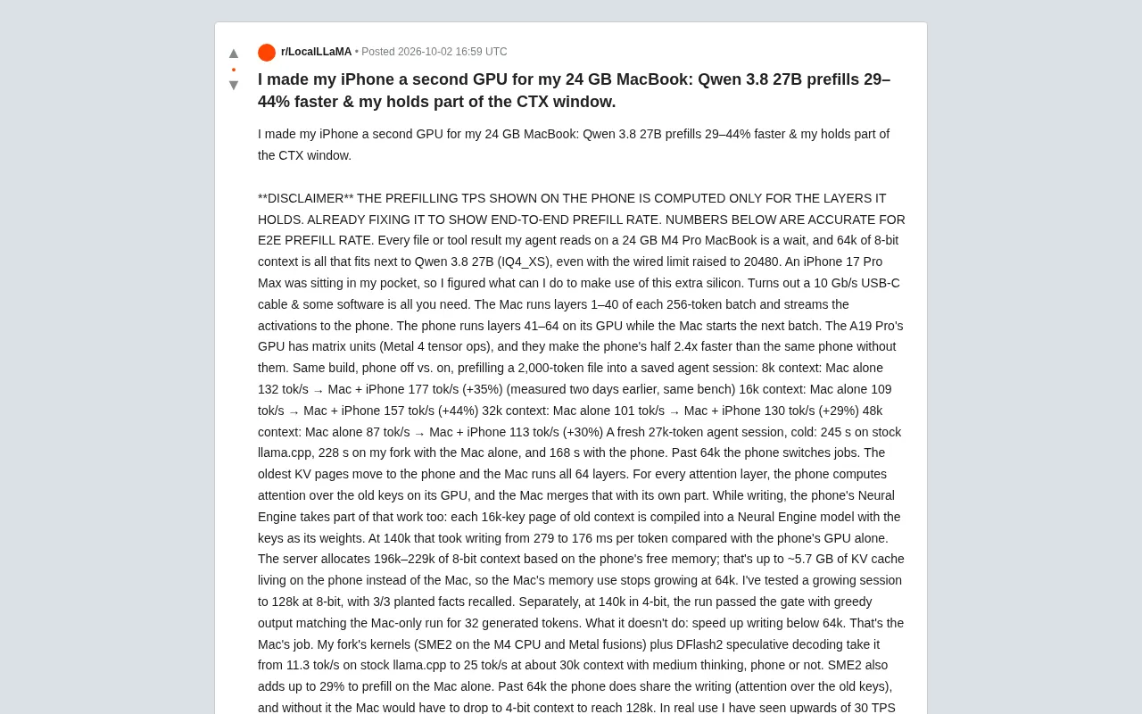 Turning Your iPhone into a Second GPU for MacBook: 29–44% Faster Local LLM Prefill