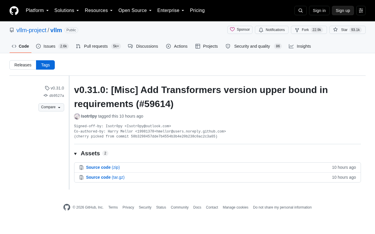vLLM 发布 v0.31.0:为 Transformers 版本设置上限约束