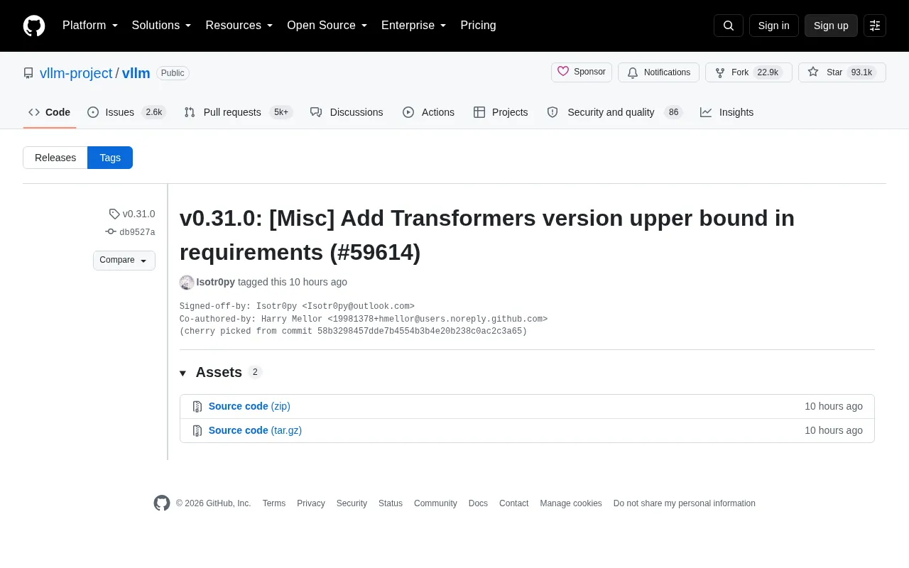 vLLM Releases v0.31.0: Adds Upper Bound Constraint for Transformers Version