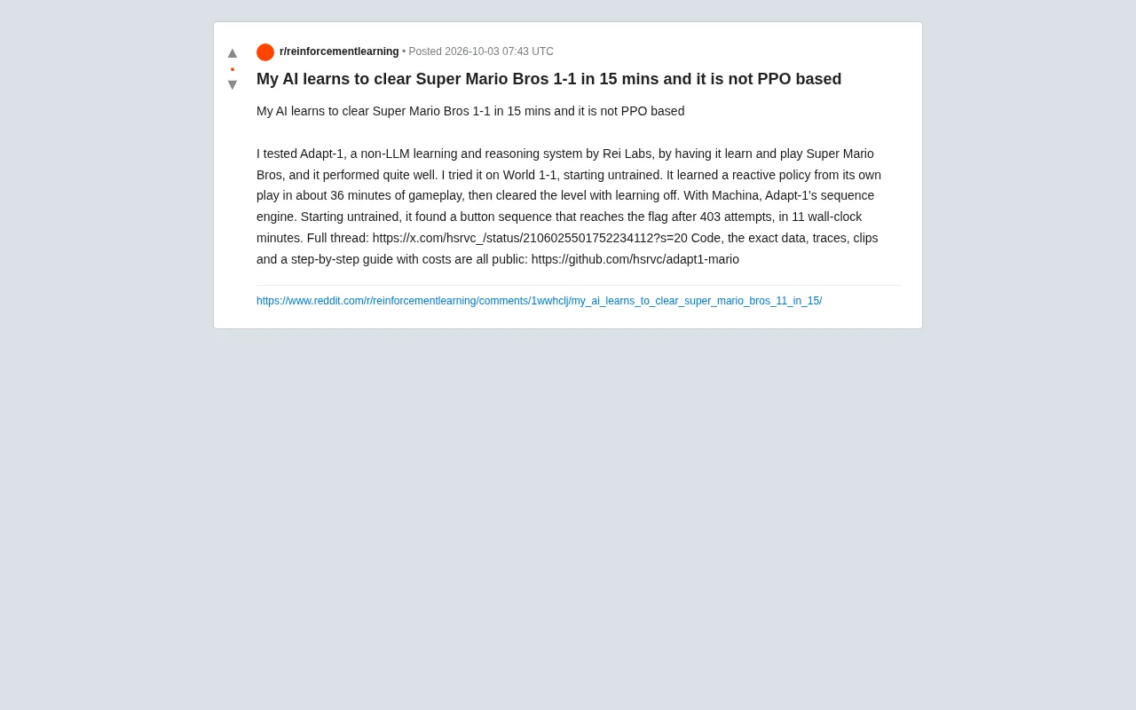 reddit source: My AI learns to clear Super Mario Bros 1-1