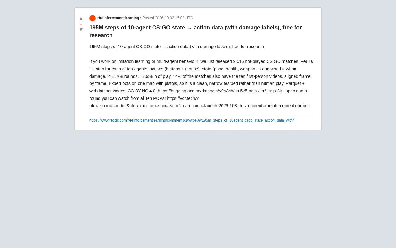 reddit source: 195M steps of 10-agent CS:GO state → action data