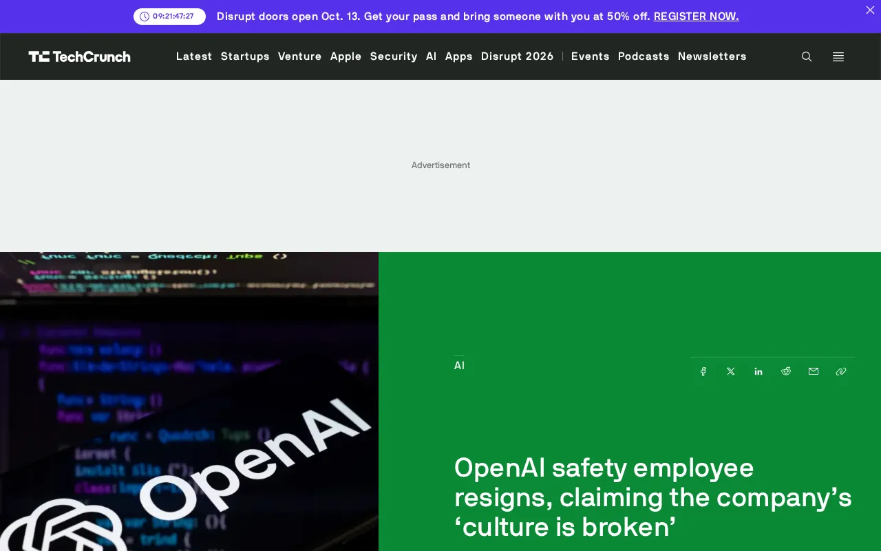 OpenAI Safety Employee Resigns, Warning the Company's 'Culture Is Broken'