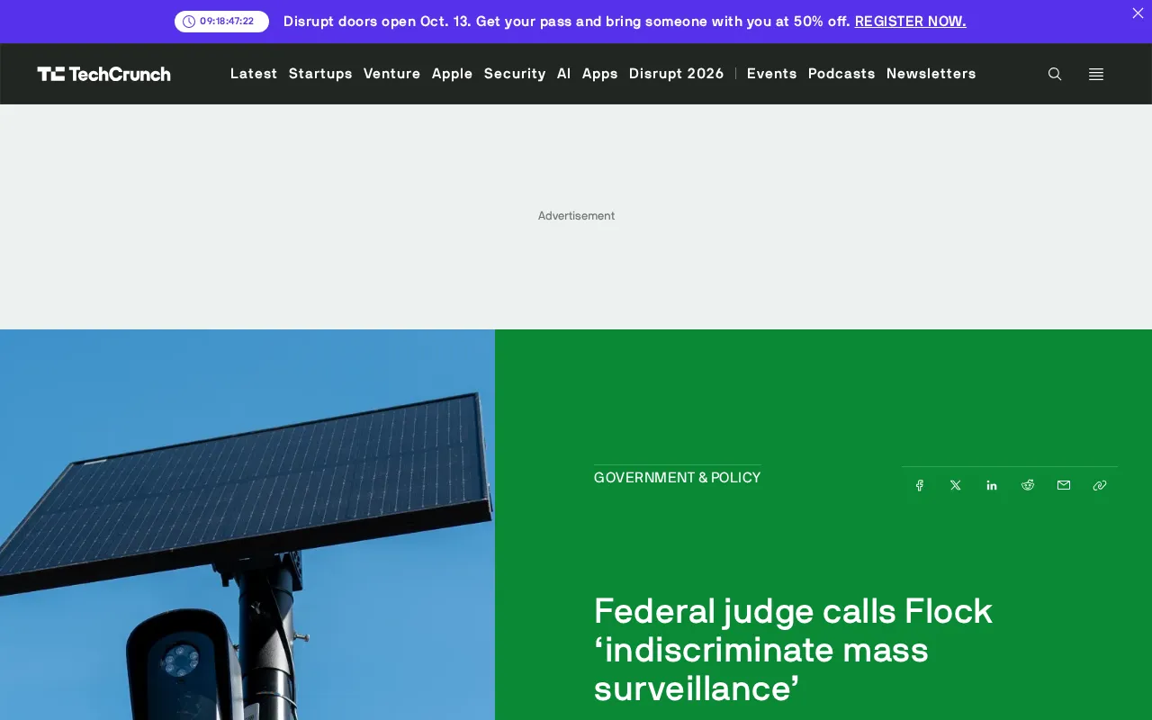 Federal Judge Rules Flock License Plate Surveillance System Constitutes Mass Surveillance