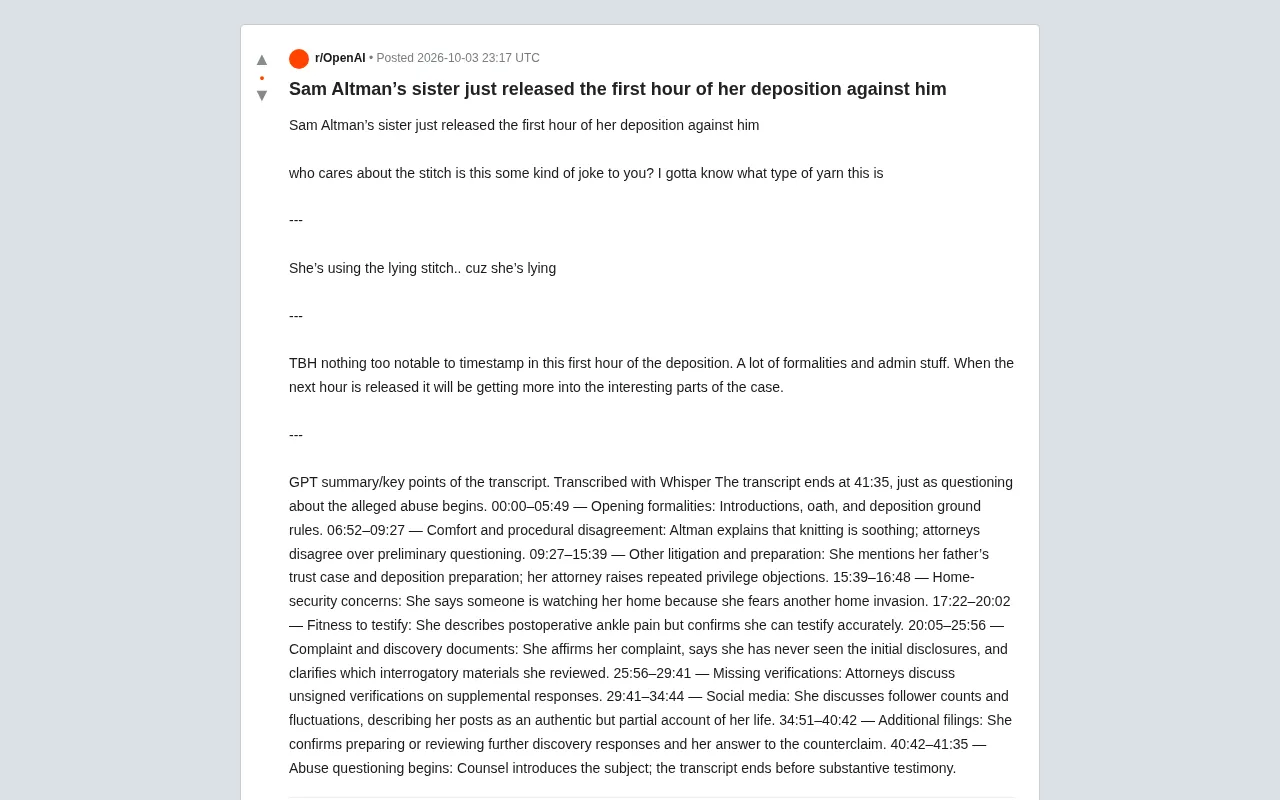 Sam Altman's Sister Releases First Hour of Deposition Video in Lawsuit Against Him