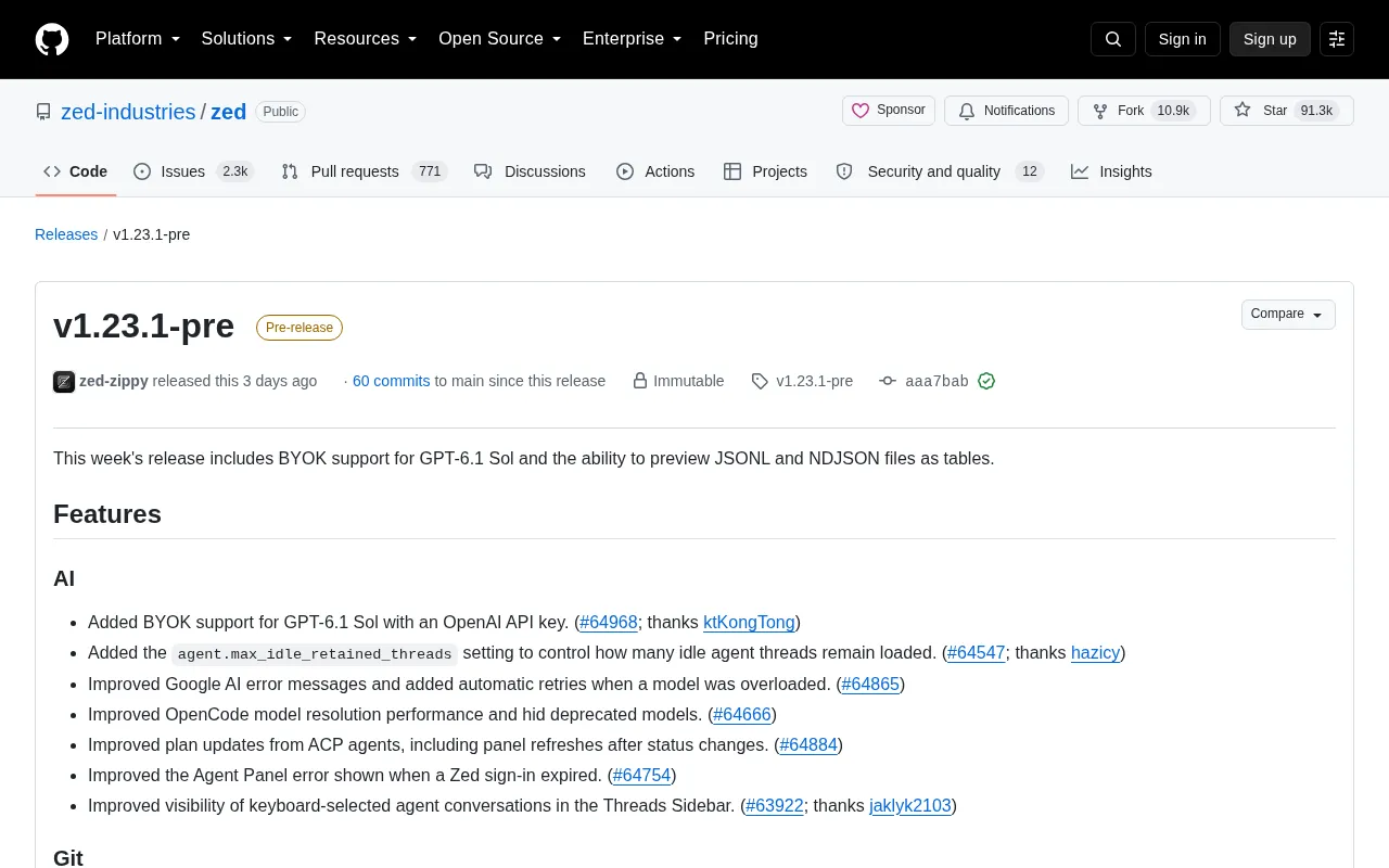 Zed Editor v1.23.1-pre Released: BYOK Support for GPT-4.1 Sol and Enhanced Table Preview