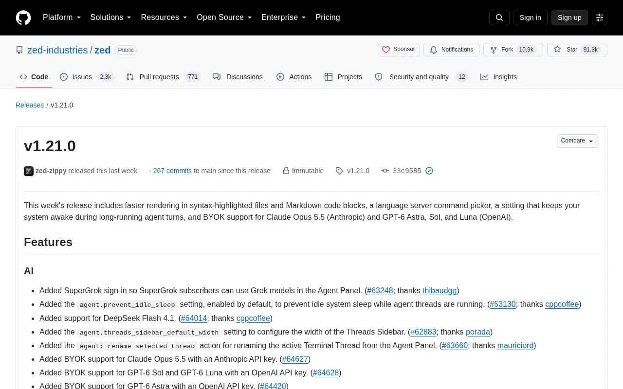 Zed v1.21.0 Released: BYOK Support for Claude Opus 5.5 & GPT-6, Major Rendering Performance Improvements