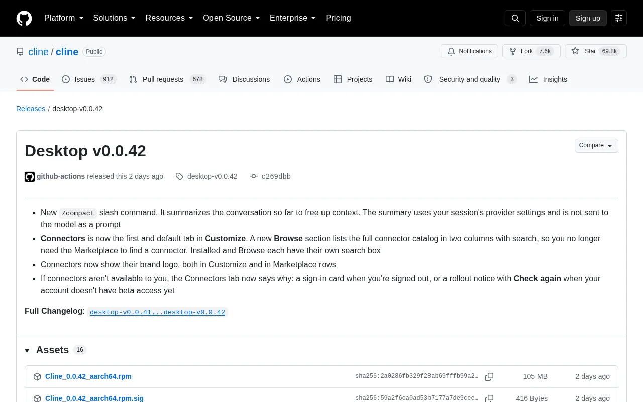 Cline Desktop v0.0.42 Update: /compact Command and a Redesigned Connector Hub