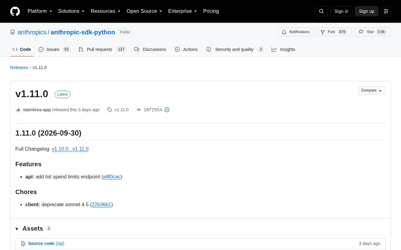 Anthropic Python SDK v1.11.0 Released: New Spend Limits Query API