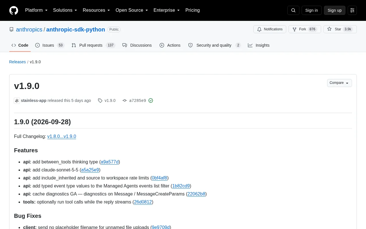 Anthropic Python SDK v1.9.0 Released: Introducing between_tools Thinking and Claude Sonnet 5.5