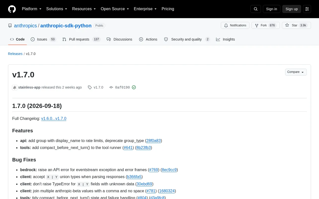 Anthropic Python SDK v1.7.0 Released: New Tool Compaction and Rate Limit Improvements