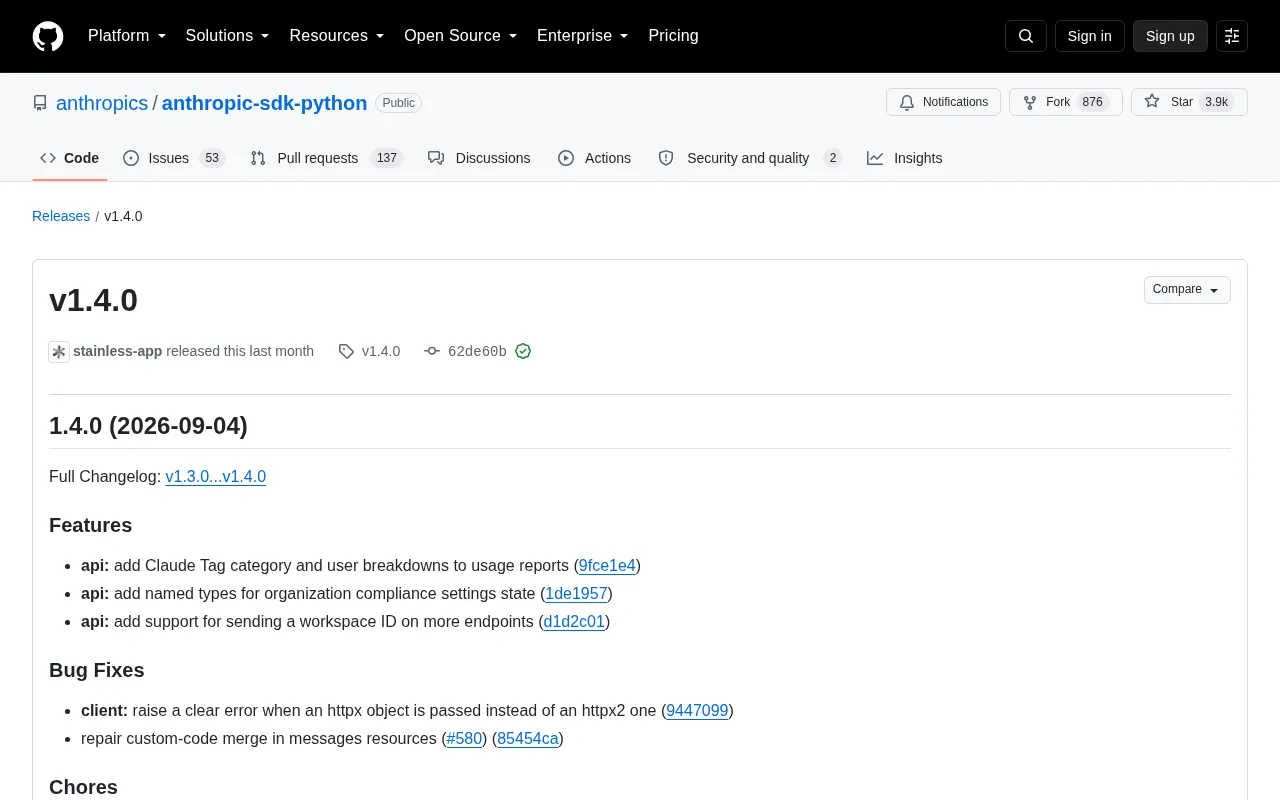 Anthropic Python SDK v1.4.0 Released: Enhanced Usage Reporting Breakdowns and Workspace ID Support
