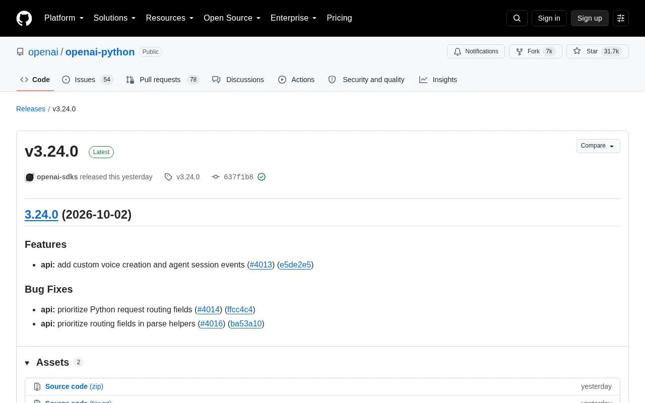 OpenAI Python SDK v3.24.0 Released: Adds Custom Voice Creation and Agent Session Events