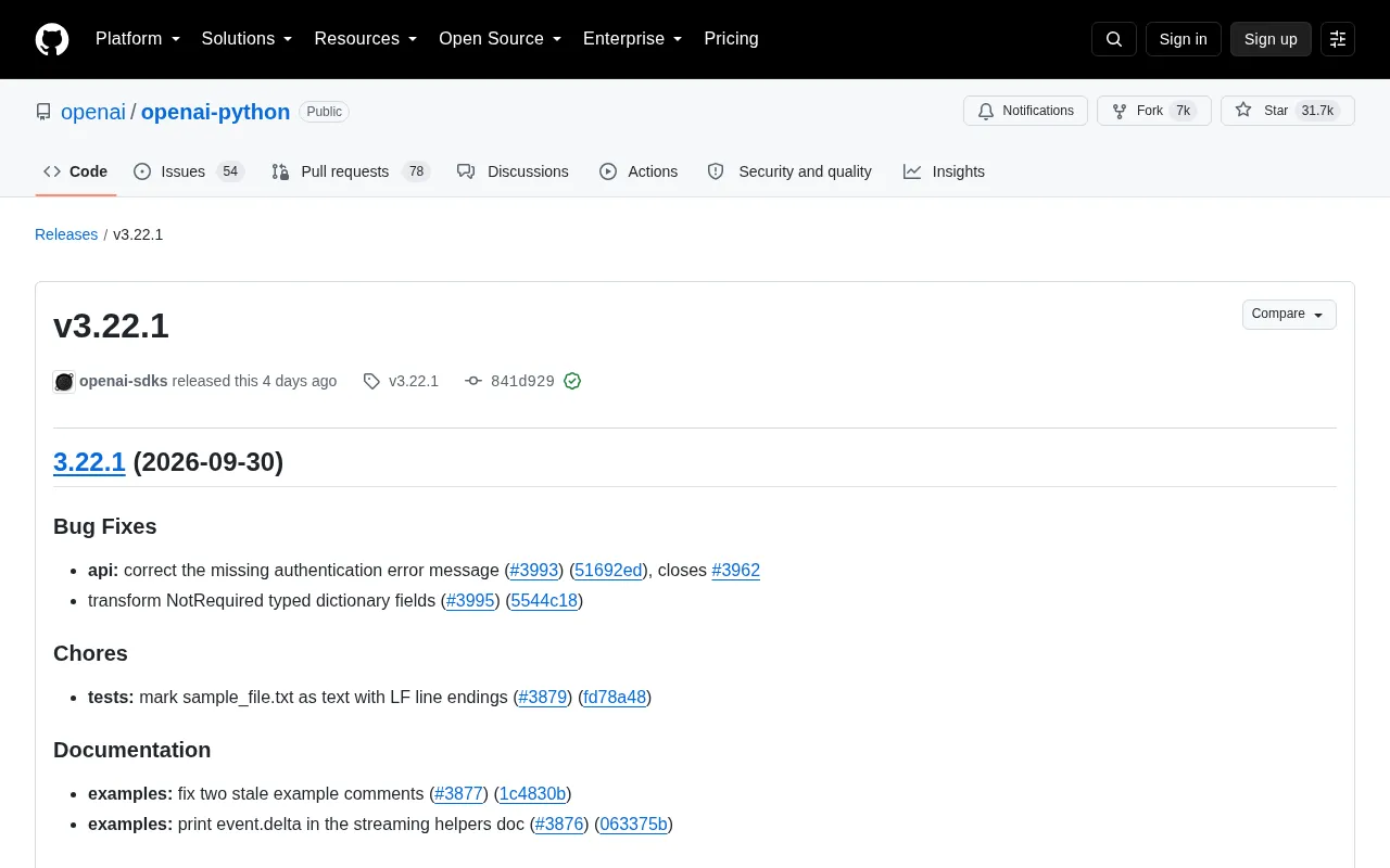 OpenAI Python SDK v3.22.1 Released: Fixes Authentication Error Messages and Type Conversion Issues