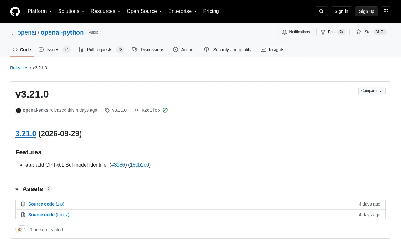 OpenAI Python SDK v3.21.0 Released: Adds GPT-6.1 Sol Model Identifier