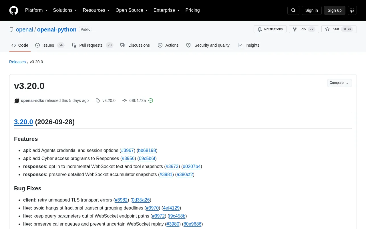 OpenAI Python SDK v3.20.0 Released: Agents Credentials, Session Options, and WebSocket Enhancements