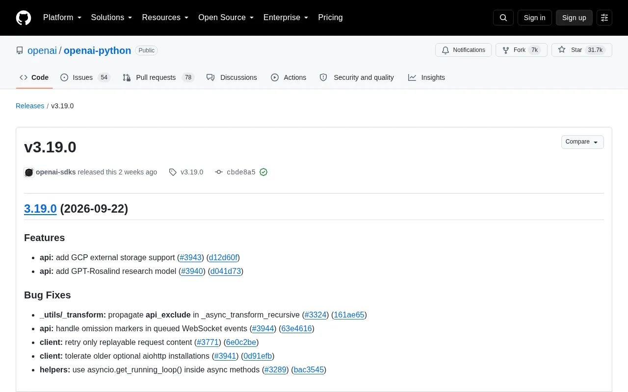 OpenAI Python SDK v3.19.0 Released: GCP Storage Support and Research Model Added