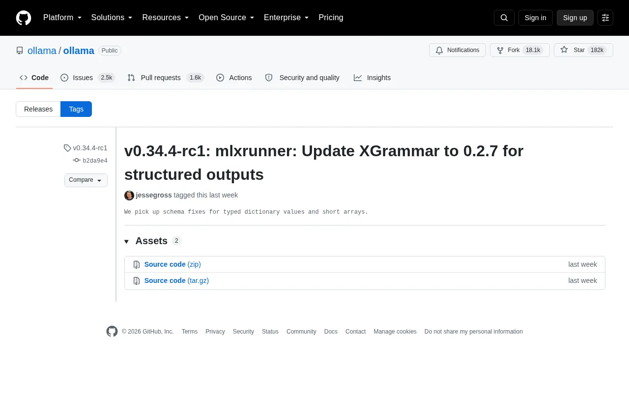 Ollama v0.34.4-rc1 Released: XGrammar 0.2.7 Upgrade Improves Structured Output
