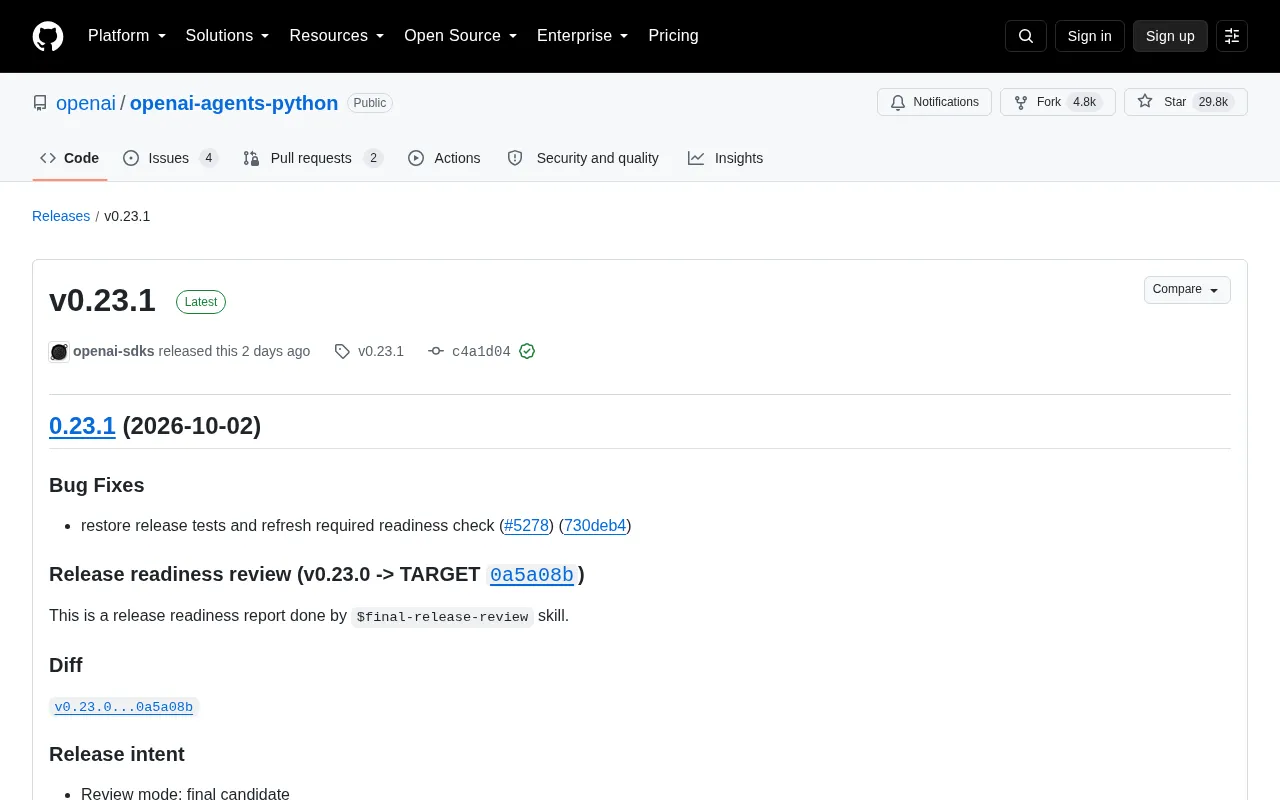 OpenAI Agents Python SDK v0.23.1 Released: Patch Update and Release Pipeline Fixes Explained