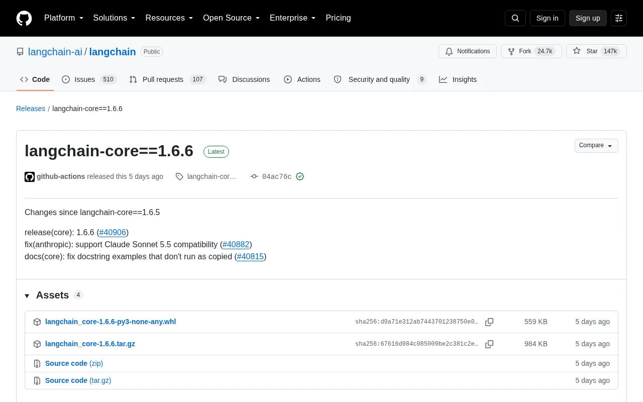 LangChain Core 1.6.6 发布:适配 Claude Sonnet 5.5 与文档修复
