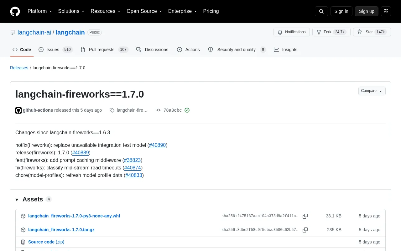 LangChain-Fireworks 1.7.0 发布:新增提示词缓存中间件