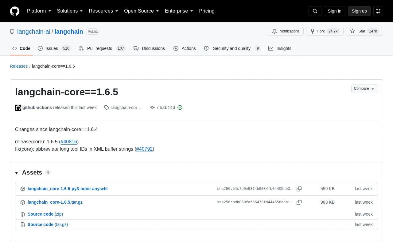 LangChain Core 1.6.5 Released: Fix for Long Tool IDs in XML Buffer Strings