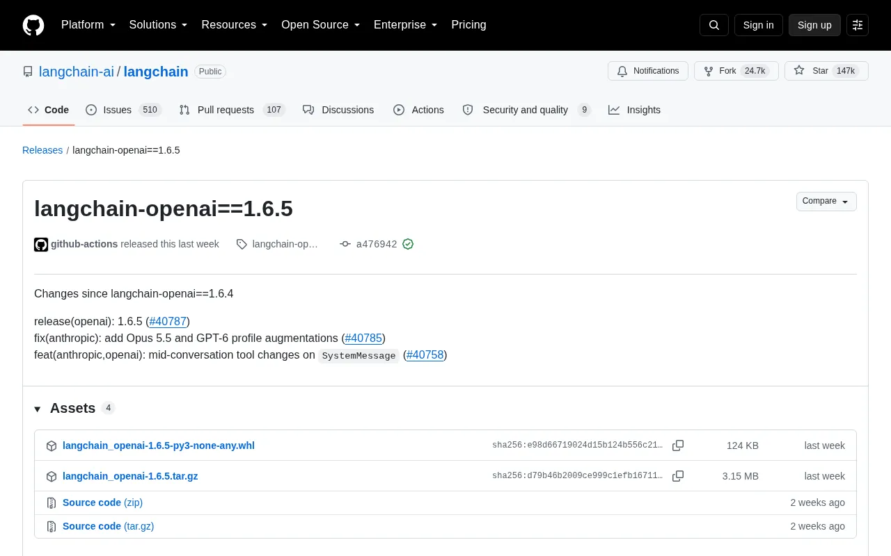 LangChain 发布 langchain-openai 1.6.5:工具调用能力再升级