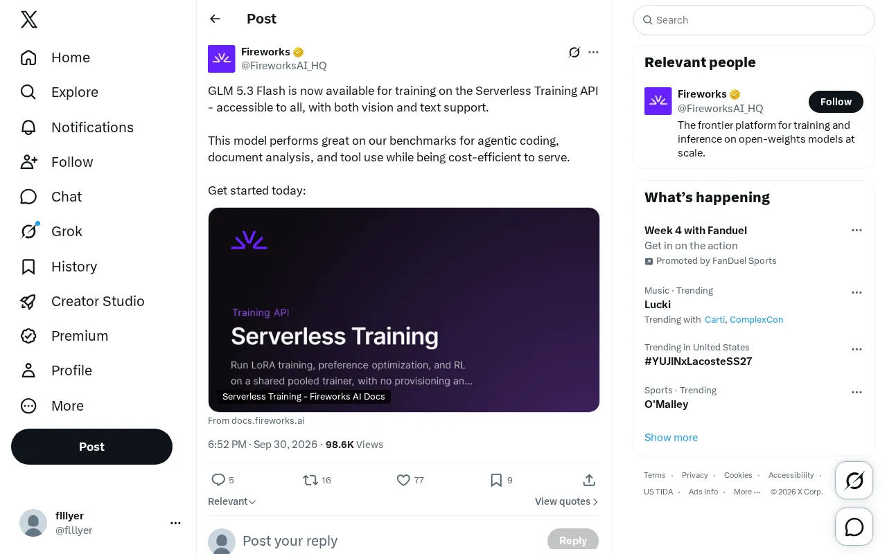 GLM 5.3 Flash Launches on Serverless Training API: Supports Vision and Text Fine-Tuning