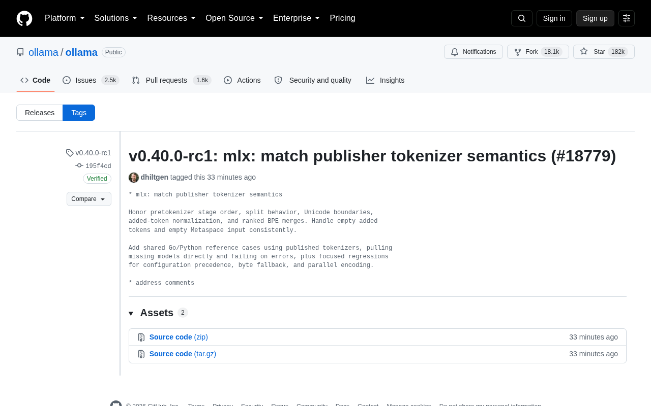 Ollama v0.40.0-rc1 Released: MLX Tokenizer Aligned with Publisher Semantics
