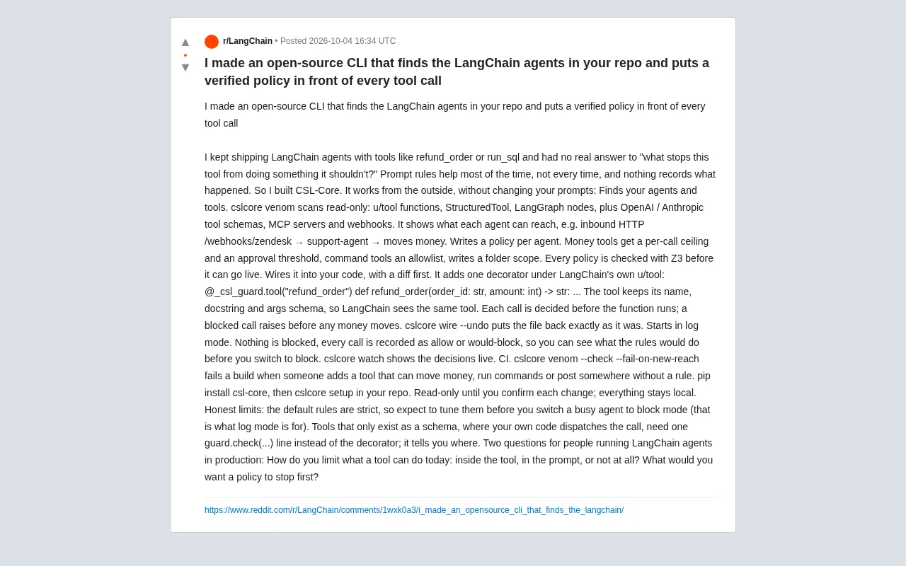 CSL-Core: Adding Verifiable Security Policies to LangChain Agent Tool Calls