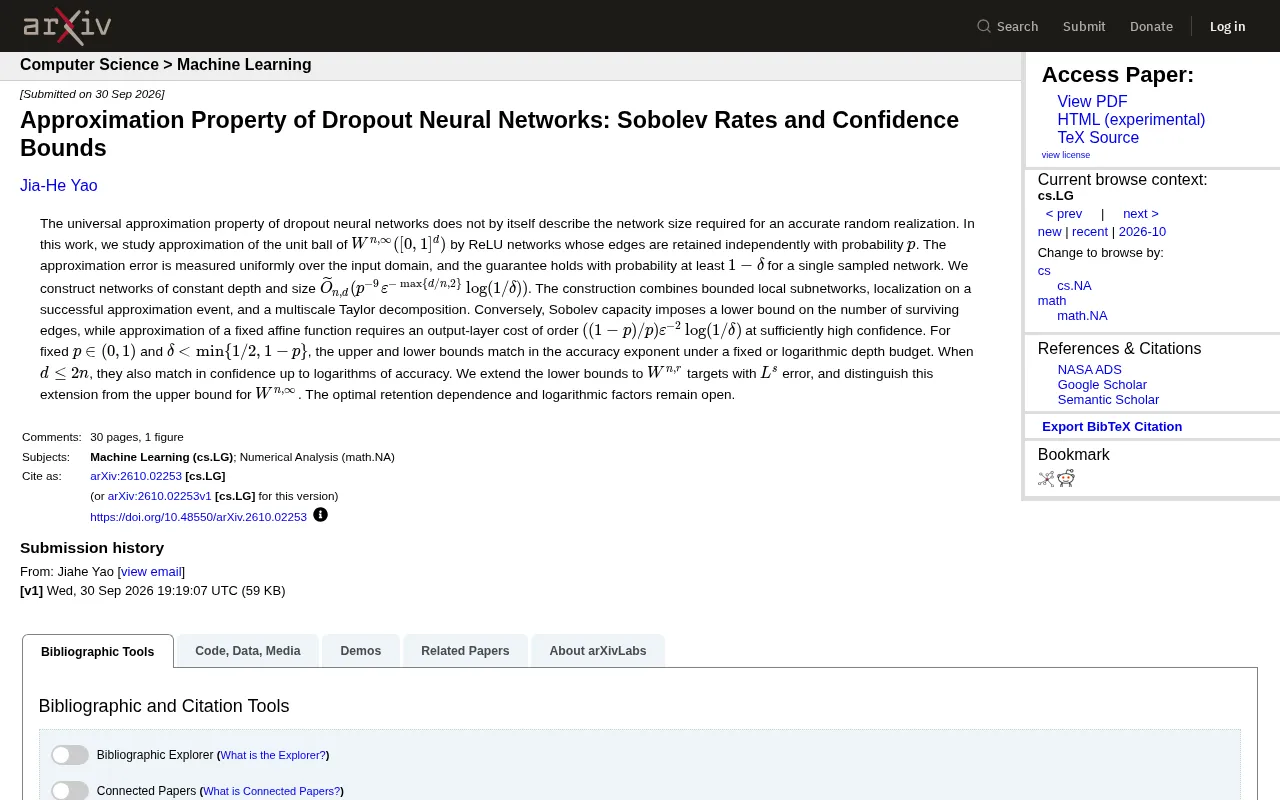 Approximation Theory for Dropout Neural Networks: Sobolev Rates and Confidence Bounds