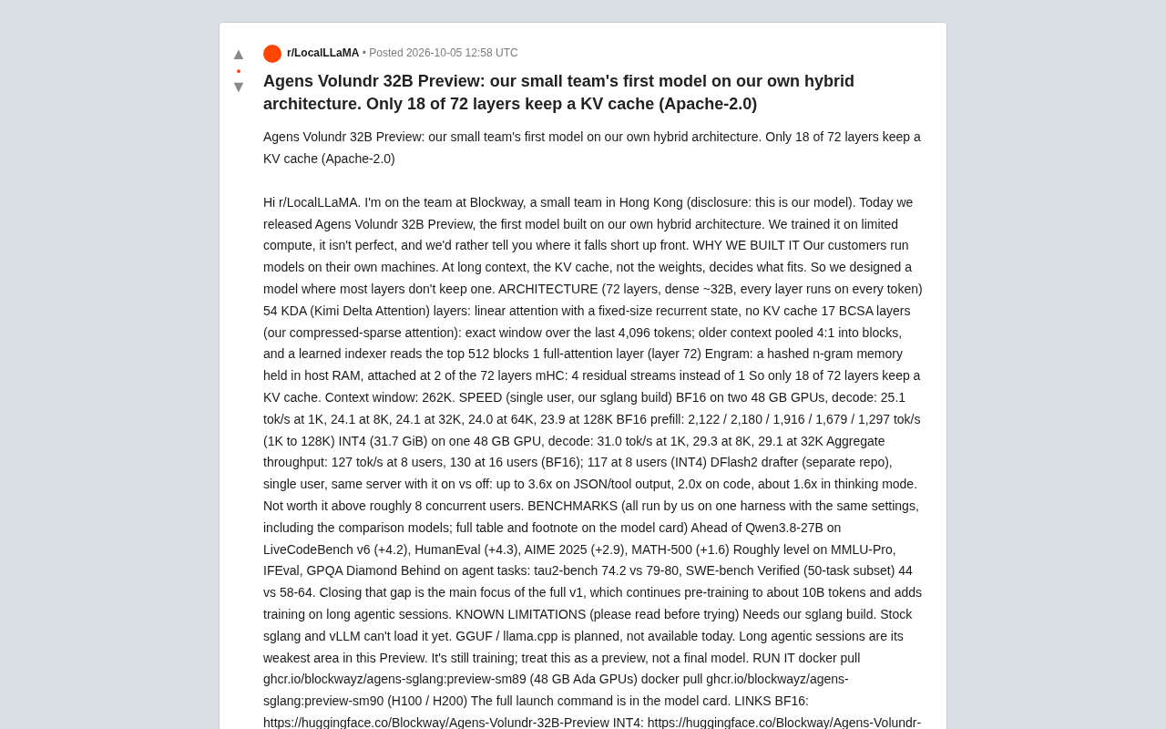 Agens Volundr 32B:72层仅18层保留KV缓存的混合架构实践