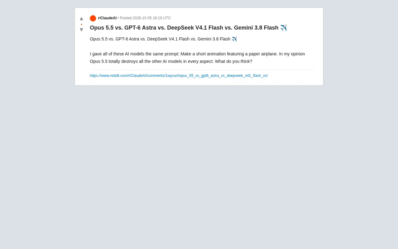 reddit source: Opus 5.5 vs. GPT-6 Astra vs. DeepSeek V4.1 Flash vs. Gemini 3.8 Flash