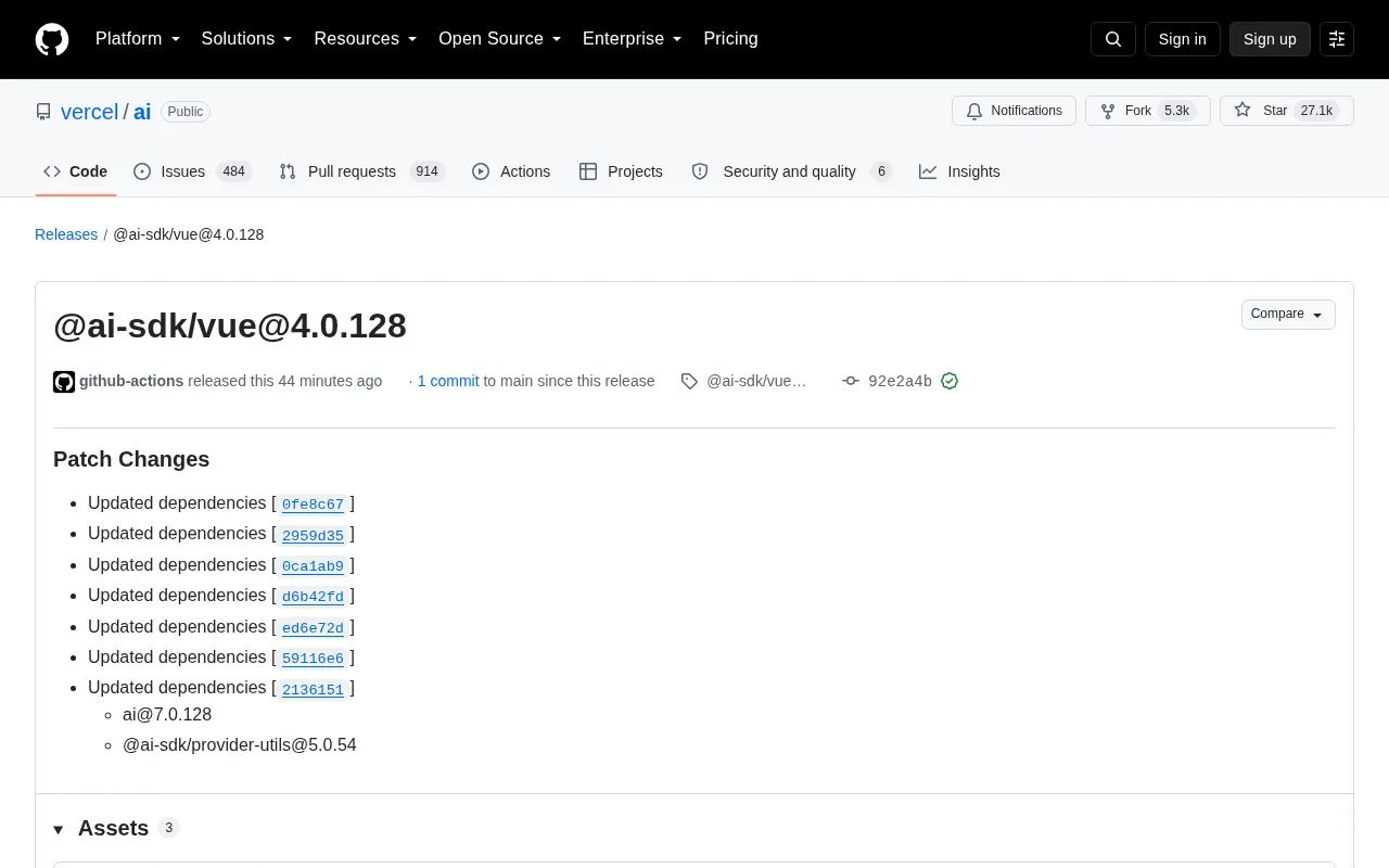 @ai-sdk/vue 4.0.128 Released: Dependency Sync Update Explained