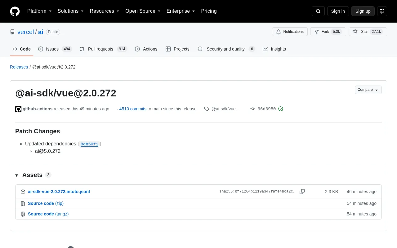 @ai-sdk/vue@2.0.272 Released: Dependency Sync Patch Update