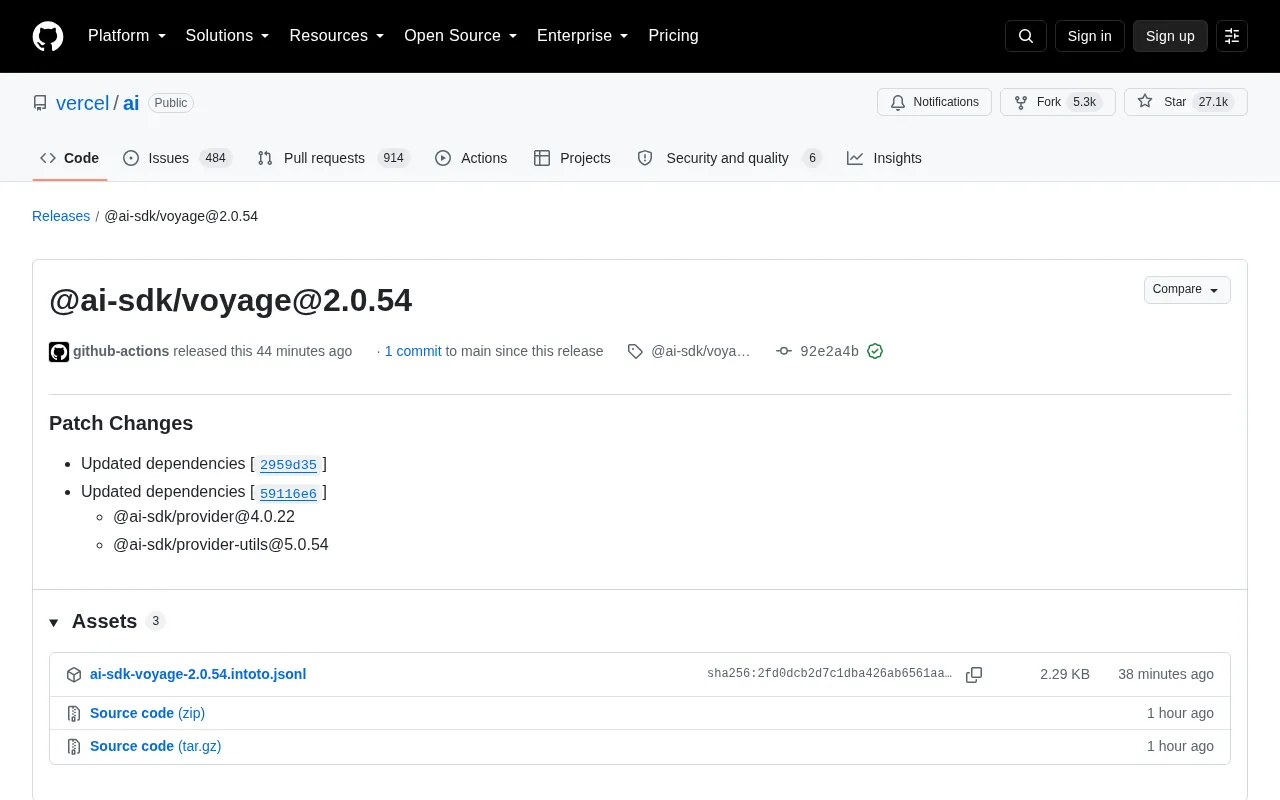 Vercel AI SDK Releases Voyage 2.0.54 Patch Update