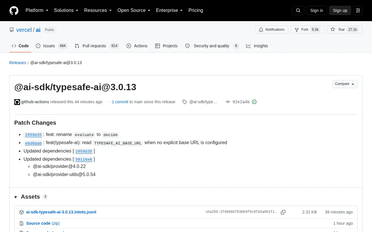 Vercel AI SDK Releases @ai-sdk/typesafe-ai 3.0.13 Patch Update