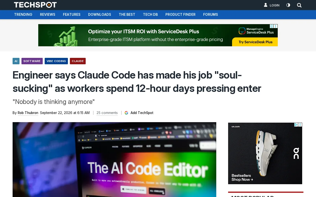 hackernews source: Engineer says Claude Code has made his job "soul-sucking"